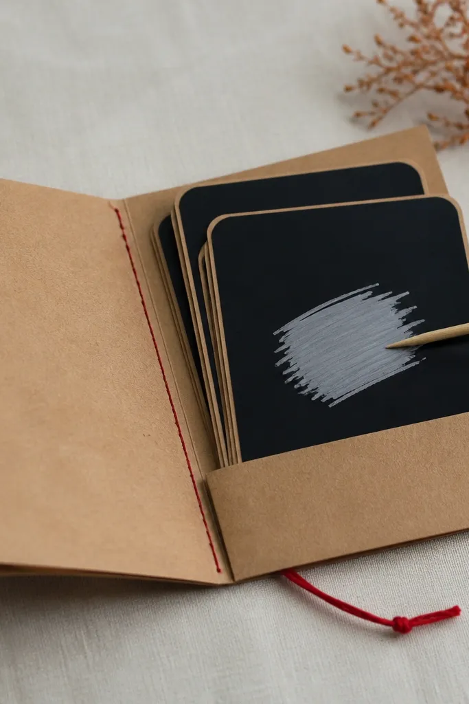 A kraft paper folder with a stitched spine. Inside are small cards with matte black scratch-off coating and handwritten prompts in white ink. A small red thread bookmark ties the folder closed.