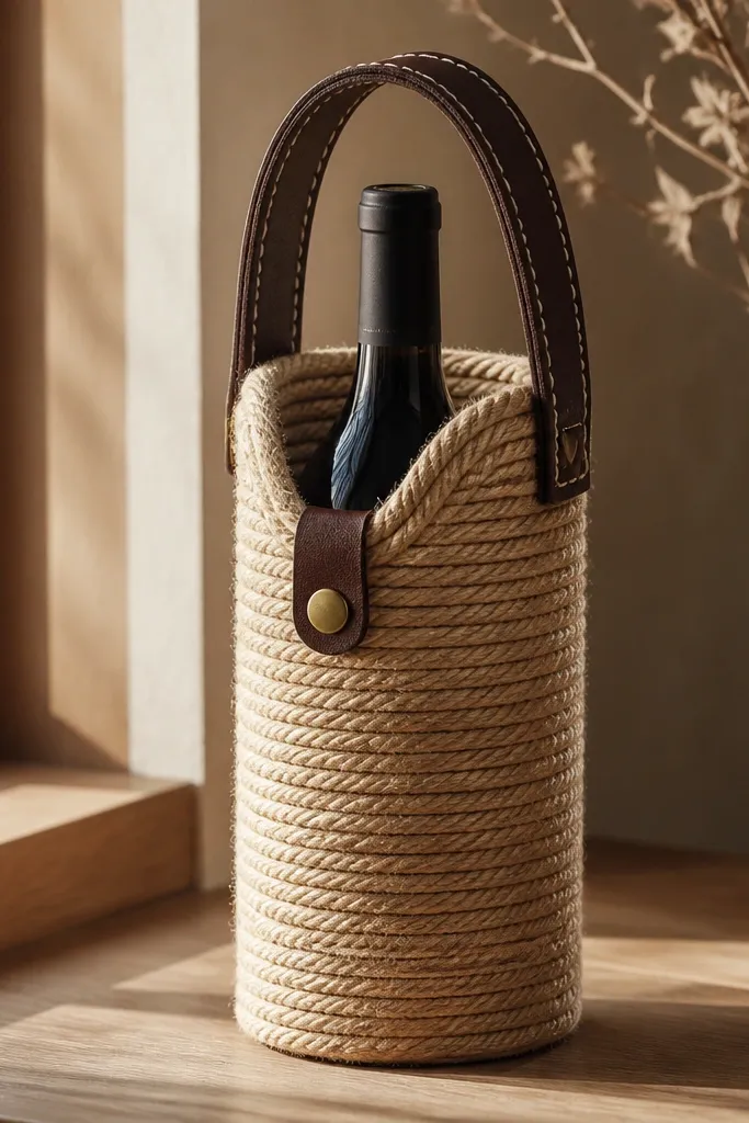 A wine bottle carrier made from thick natural jute rope coiled in tight rings around the bottle, with a dark brown leather handle stitched on top. A small brass snap strap crosses the front, and the rope ends are tucked under a leather edge piece. Shot in warm window light so the rope texture and stitching stand out.