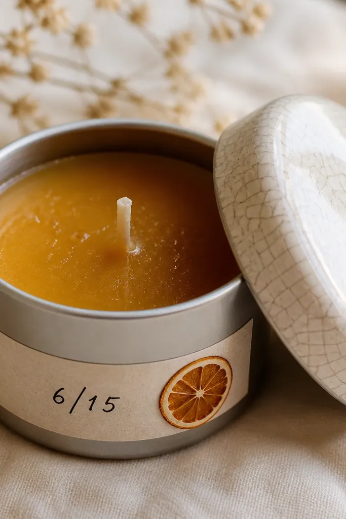 A small candle in a brushed metal tin with a glossy crackle-glaze ceramic lid. The wax is a warm amber color with visible small bubbles near the wick. The label is minimal, with a hand-written date and a tiny pressed orange slice decal. Shot close-up so the crackle pattern and wick area are clear.