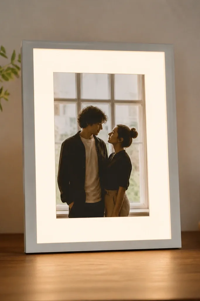 A slim white photo frame sits on a desk. Behind the printed photo, a frosted vellum sheet glows evenly. Warm white LED strip runs along the back edge, with the battery pack tucked into a small rear compartment. The photo shows two people standing in front of a window with soft light.
