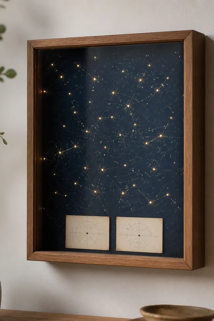 A small wooden shadow box hangs on a wall. Inside, a dark navy star map print covers the back panel. Tiny warm white LED dots are hidden under a layer of clear star-pattern film, creating a soft constellation effect. Two small paper coordinates sit near the bottom under a glass-like cover.