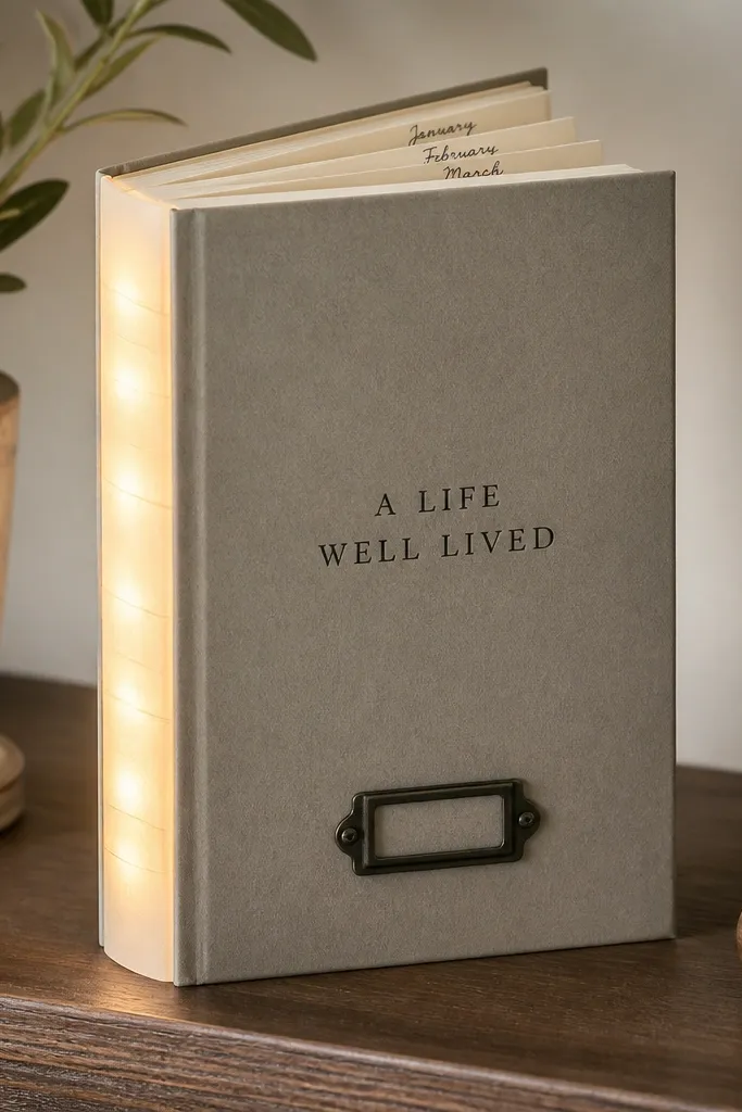 A faux book made from thick cardstock stands upright on a shelf. Warm white LEDs run along the "spine" area behind a translucent spine strip. The front cover has a simple title and a small metal tag. Inside, a few date pages peek out with handwritten months in neat ink.