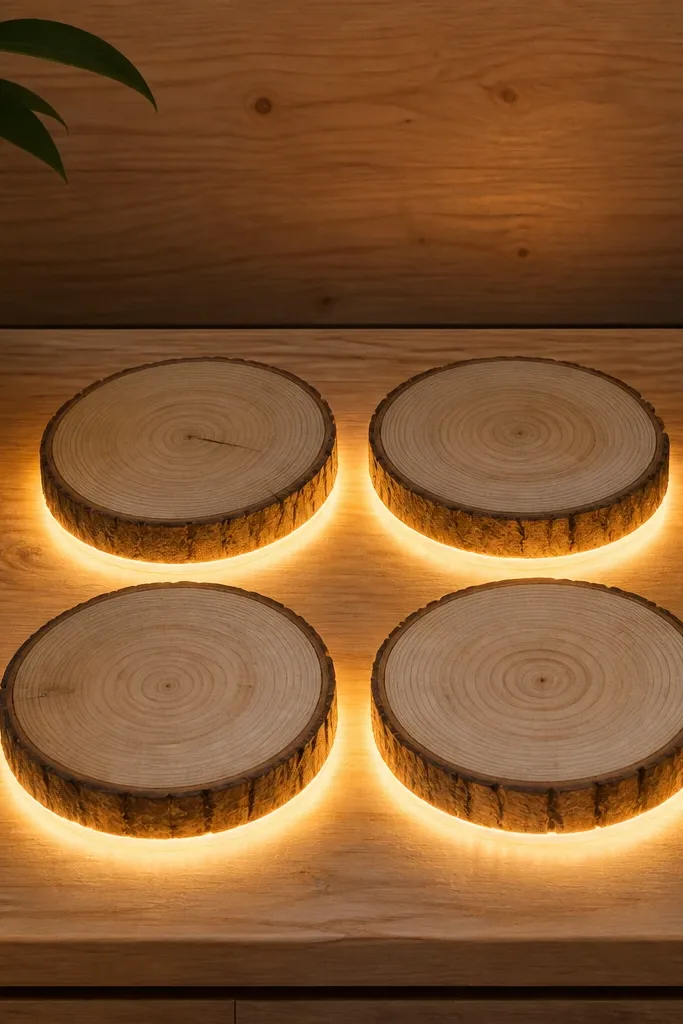 Four round wood slices sit in a neat square arrangement. Under each slice, warm white LEDs glow through a thin frosted acrylic sheet. The wood grain is visible, and the glow creates a soft halo around the edges. A small remote battery pack is hidden behind the back panel.