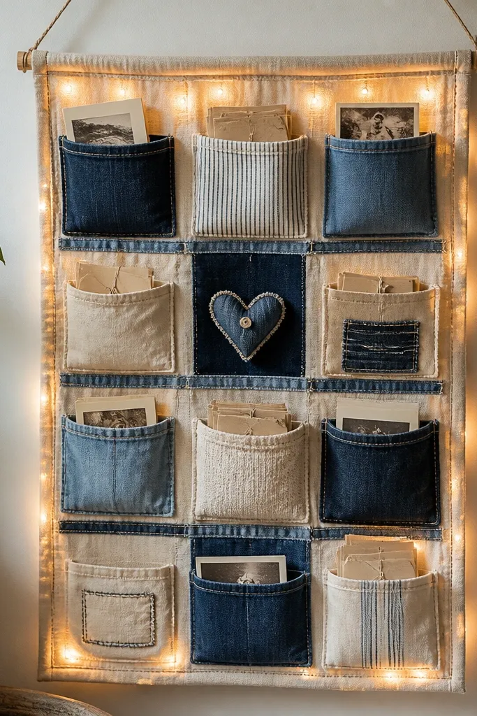 A handmade fabric panel hangs like a wall organizer. Multiple small pockets hold folded letters, tiny photos, and one small fabric heart. Warm white fairy lights are sewn into the back border, glowing through the fabric edges. The panel looks textured with denim and cotton scraps.