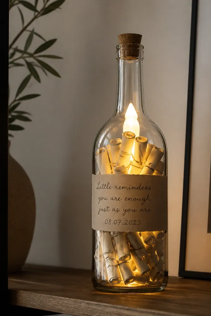 A clear glass bottle sits on a shelf. Inside, rolled paper notes are stacked around a warm white LED strip shaped like a candle. The light glows through the glass with no visible flicker. The bottle has a paper label with your handwriting and a date.