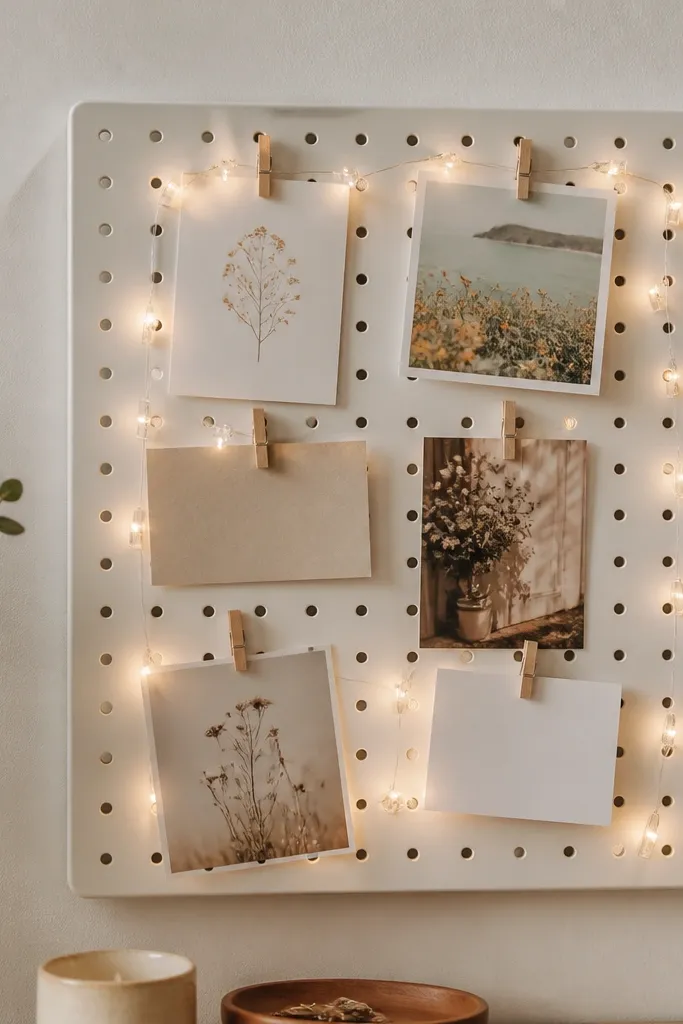 A small white pegboard is mounted on a wall. Tiny warm white LED fairy lights are clipped along the peg holes. Message cards and photos are held with mini clothespins. The light outlines the grid without hiding the text.