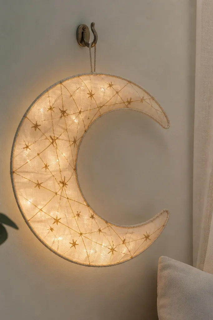 A crescent moon hoop hangs from a hook. Inside the moon shape, warm white LEDs are hidden behind a translucent fabric layer. Thread stars are stitched across the front like a constellation map. The glow spreads softly, and the thread looks hand-done.