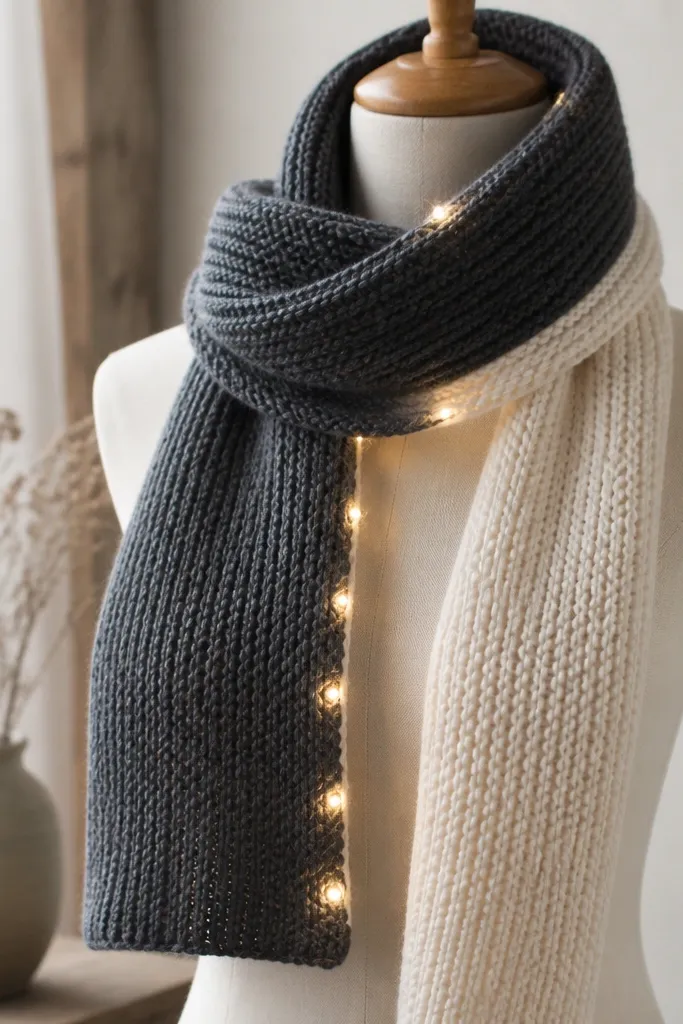 A knit scarf in charcoal and cream is wrapped on a mannequin. Tiny warm white fairy lights are stitched into the knit along one edge, with the battery pack hidden in a small stitched pocket at the end. The lights glow softly when the scarf is draped.