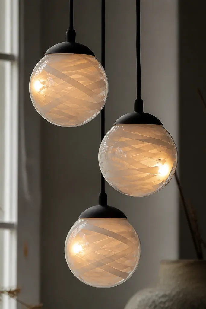 Three clear acrylic ball ornaments hang at different heights. Inside each orb, a warm white LED sits at one side. Thin paper message strips float behind a frosted inner layer, creating a glowing orb effect. The cords are black and the balls have a matte top cap.