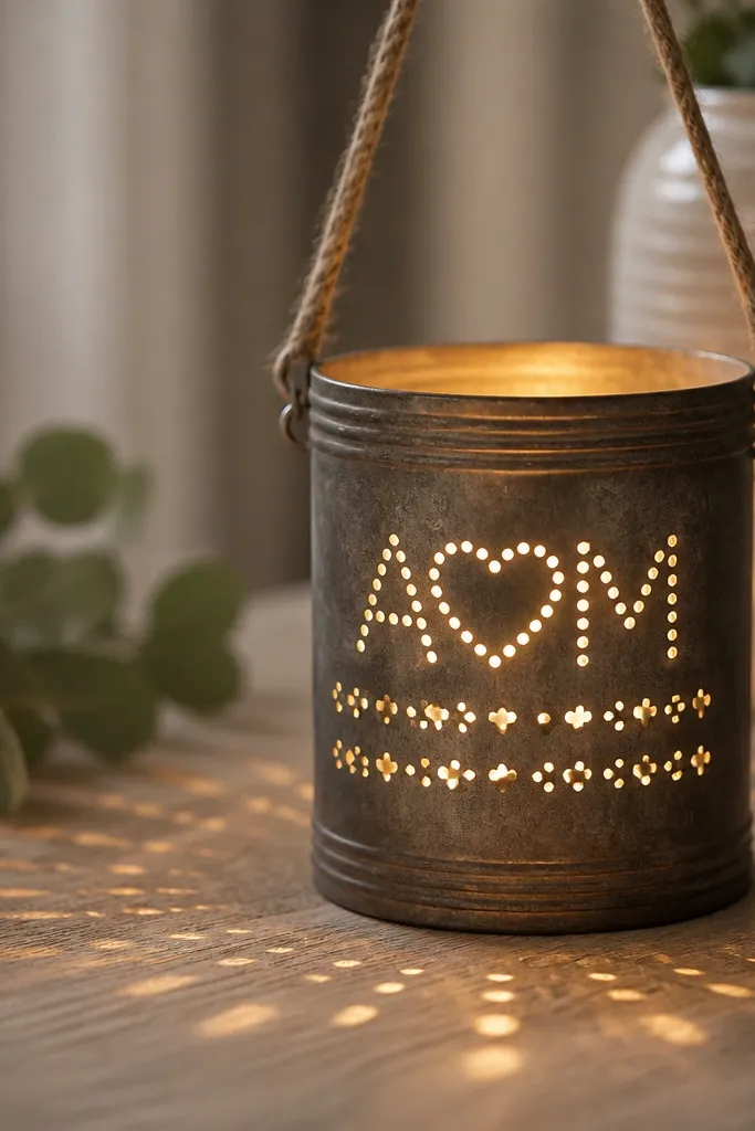 A small metal tin lantern sits on a table. The tin has hand-etched holes forming your initials and two coordinate lines. Warm white LED candle light glows from inside, casting tiny light patterns on the surface. The lantern has a handle made from twine.