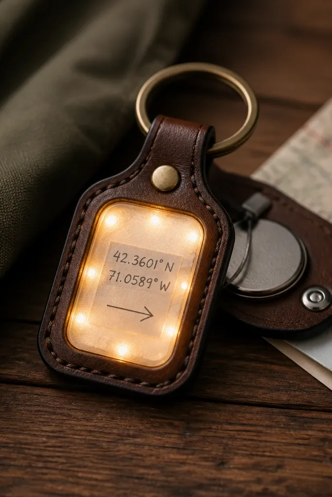 A small leather keychain holds a clear window insert. Inside the insert, warm white LED points shine through a frosted backing. A tiny paper card shows map coordinates and a handwritten arrow. The LED wire routes to a coin battery compartment at the back.