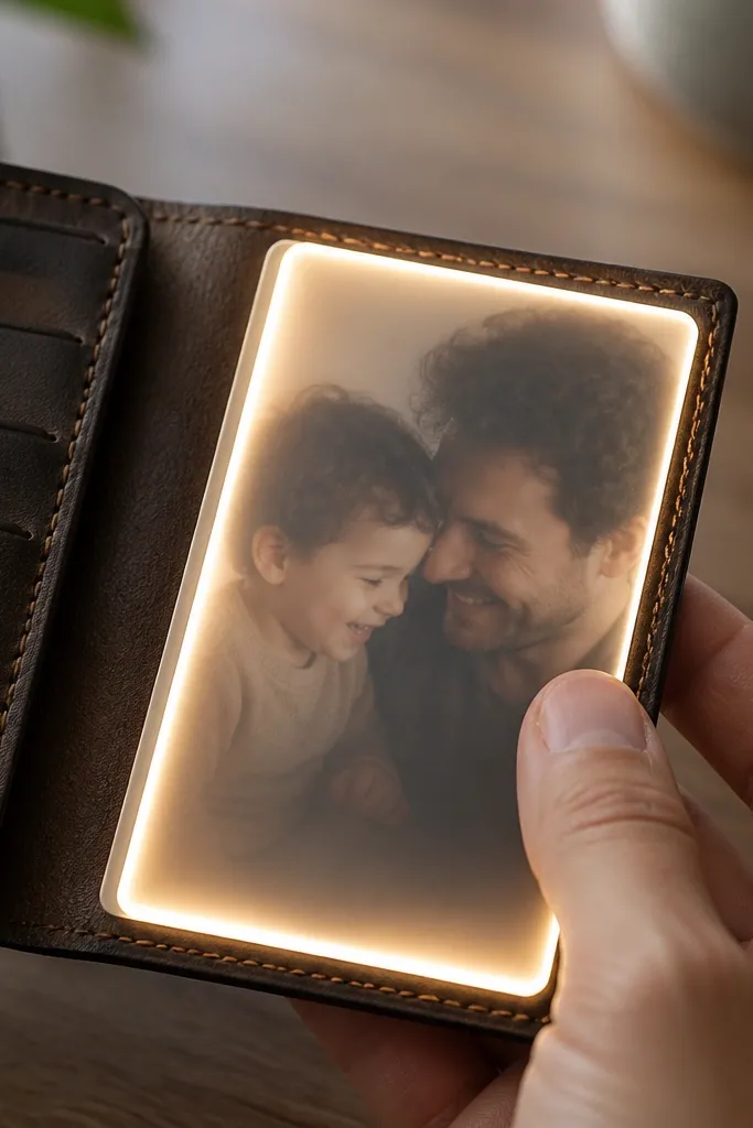 A slim wallet insert shows a small photo behind frosted plastic. Along one side edge, warm white LEDs glow through a narrow channel. The battery pack is hidden in a thin pocket at the back. The glow frames the photo like a light border.