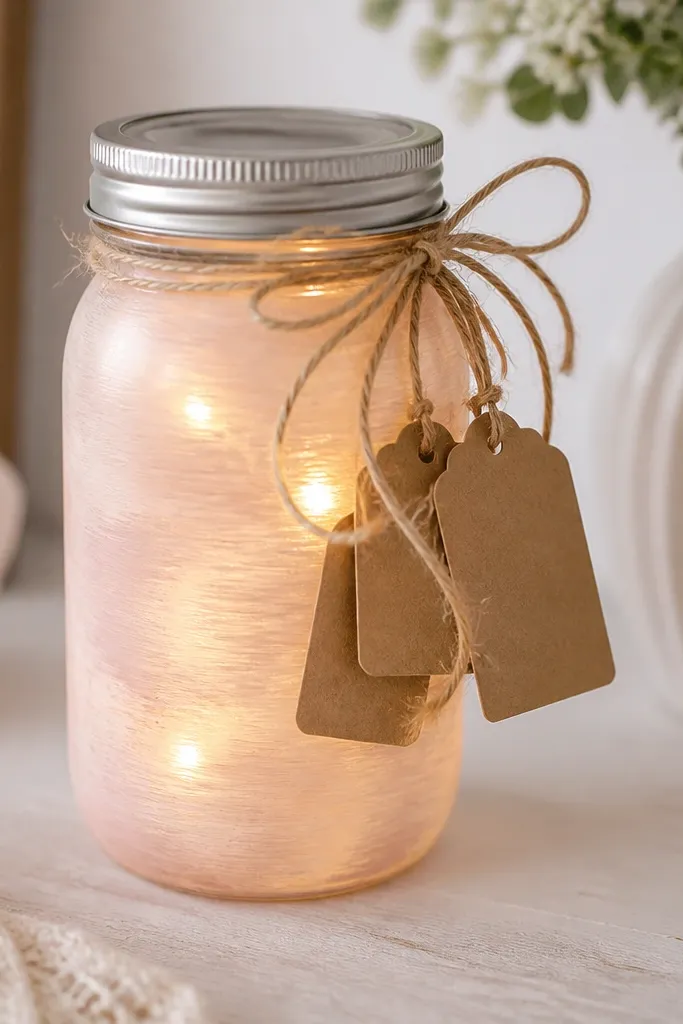 A small mason jar is painted with a light wash in dusty pink and cream. Inside, warm white fairy lights wrap around the inner wall. Several small kraft paper tags hang from a twine string near the lid, each tag holding a short message. The lid has a hidden battery pack compartment.