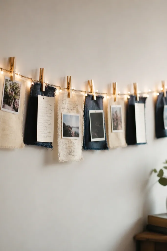 A long banner hangs across a wall line. Rectangles of navy denim and cream fabric are clipped to a string of warm white lights. Small photos and handwritten letters attach with clothespins. The lights run along the top edge, casting a gentle glow on the fabric squares.
