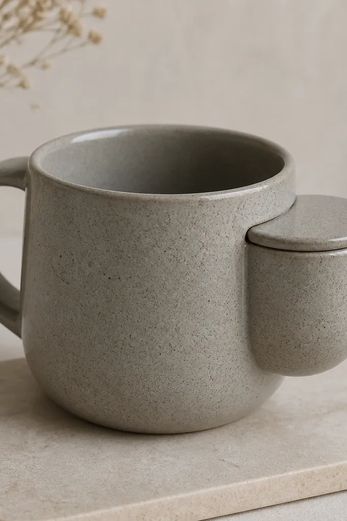 A matte speckled gray ceramic mug with a matching small side compartment shaped like a rounded cup, glazed in the same color; a tiny flat ceramic lid sits flush against the side opening.