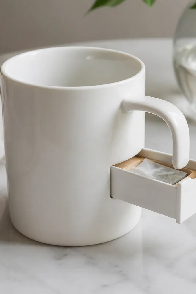 A glossy white porcelain mug with a small rectangular drawer attached to the outer side of the handle area; inside the drawer is a pale wood insert with a cutout for a folded tea bag.