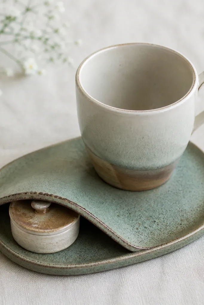 A mismatched ceramic cup and saucer set; the saucer has a small recessed pocket under a lifted saucer corner, with a matching mini lid showing through a cutout.