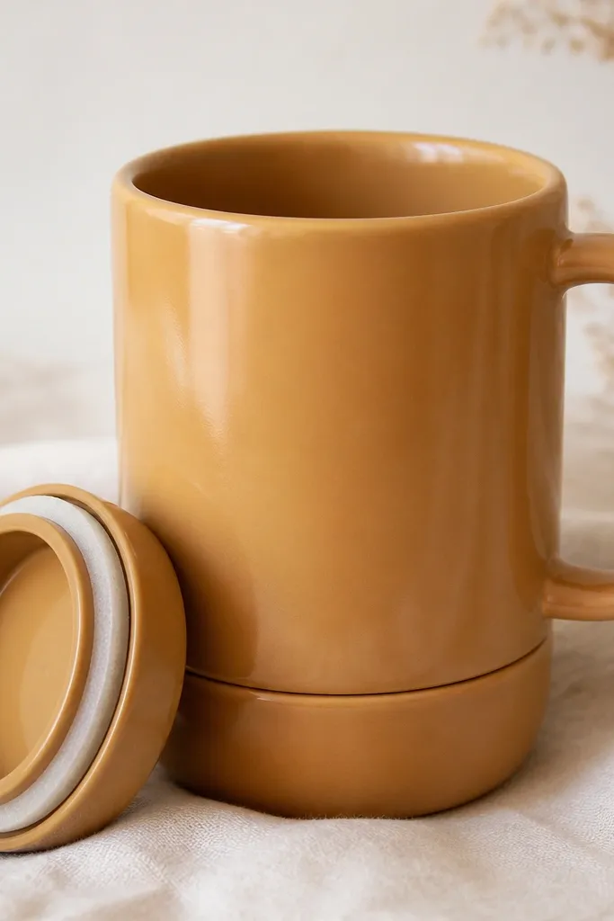 A warm caramel mug with a thick base; the bottom has a screw-on cap painted the same caramel color with a small foam gasket visible around the edge.