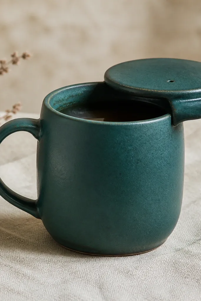 A handmade clay mug in deep teal with a matching sliding lid; when the lid opens, it rests on a small built-in cradle attached to the mug rim.