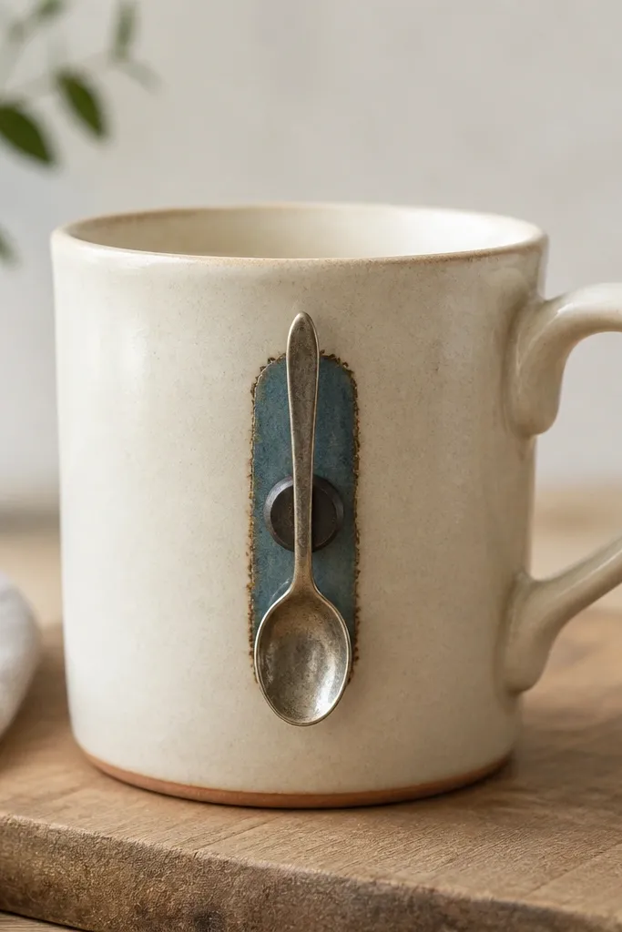A cream ceramic mug with a small painted metal strip on the side and a tiny spoon-shaped magnet dock; the magnet holds a small spoon resting against the mug exterior.