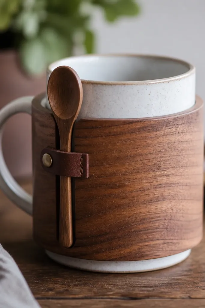 A handmade wooden sleeve wrapped around a ceramic mug; the sleeve has a vertical slot that holds a small wooden spoon, with a small leather strap that keeps the spoon from falling out.
