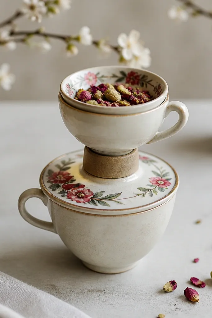 Two small teacups stacked by a handmade spacer; the bottom cup has a lid-like cover that nests a mini bowl for toppings, colored with a hand-painted floral rim.