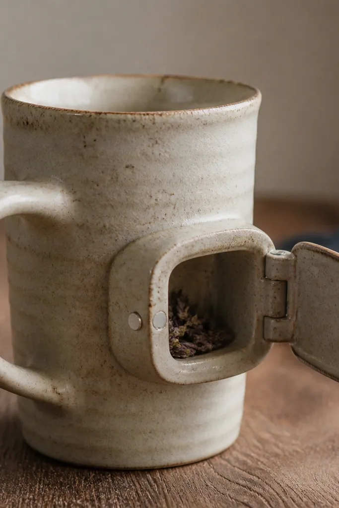 A handmade beige mug with a ceramic side rail; a small clip-on lid pocket sits on the rail and opens like a little book cover, showing a dry storage cavity.
