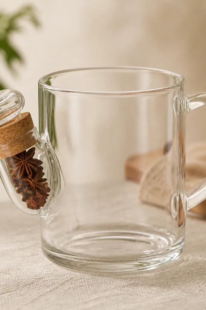 A clear glass mug with a cork plug inserted into a small side opening; the cork is sealed and capped with a matching glass stopper for dry spices.