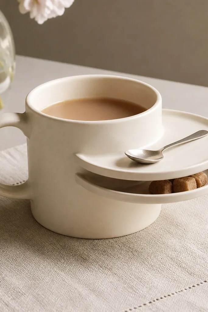 A cream mug with a shallow rim tray attached around one side; a tiny spoon rests on the tray, and the tray lifts slightly to reveal a dry compartment.
