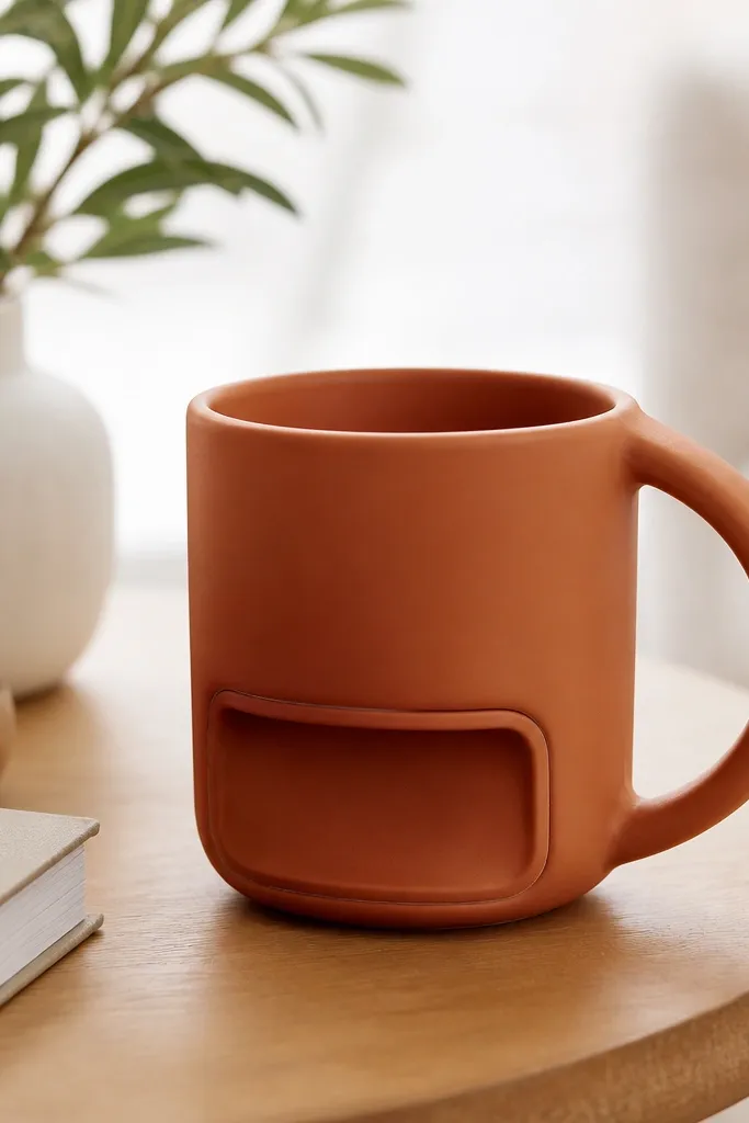 A matte terracotta mug with a side storage recess; a small lid snaps closed with a hidden magnetic catch, and a painted line shows where the lid sits.