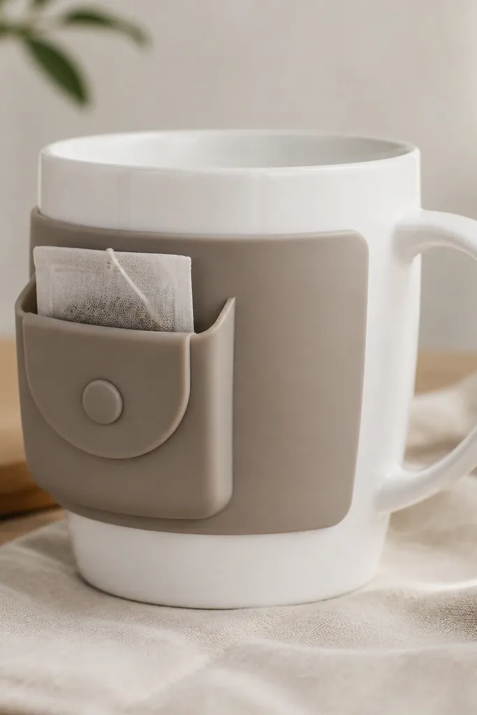 A white mug with a silicone sleeve wrapped around the side; the sleeve has a fold-down pocket with a small snap flap holding a tea bag.
