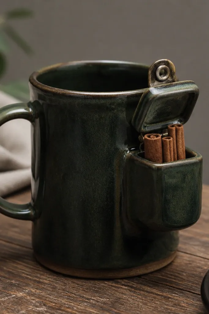 A dark green glazed mug with a small rectangular ceramic compartment on the side; a hinged latch holds a tiny lid closed, and cinnamon sticks are shown inside.