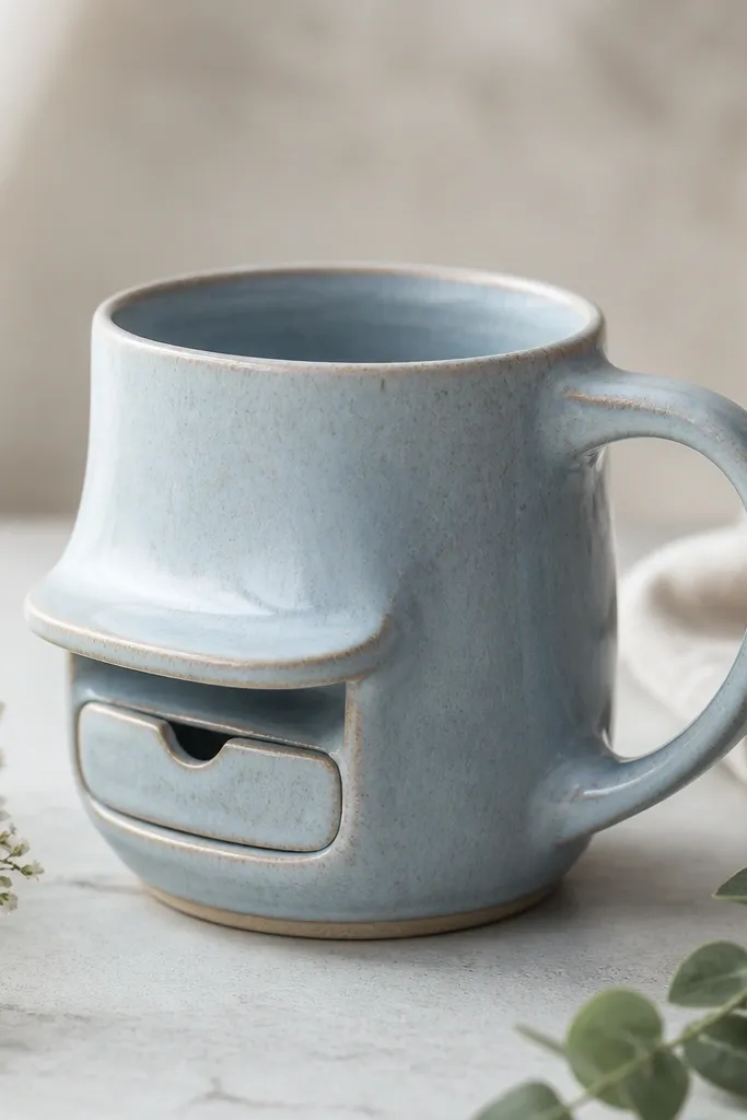 A light blue handmade mug with a curved shelf on the opposite side of the handle; beneath the shelf is a shallow sealed compartment with a small sliding cover.