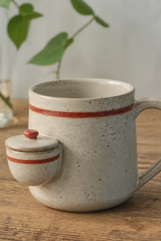 A reused ceramic mug with a mini bowl glued to the side; the mini bowl has its own small lid, and the colors match with a hand-painted red stripe.