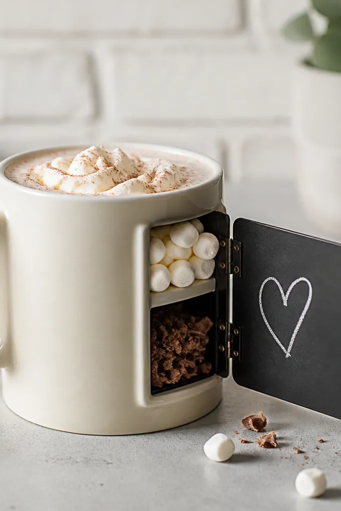 A cream mug with a small side panel painted black like a chalkboard; a hinged panel opens to reveal dry storage for toppings, and chalk writing is visible on the panel.
