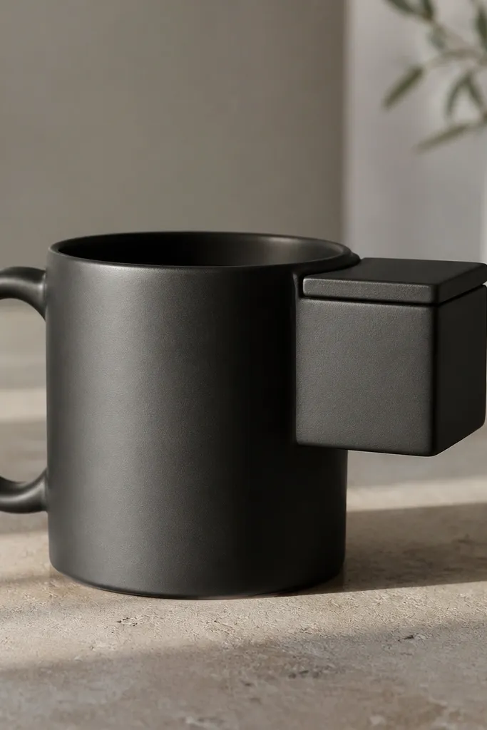 A matte black mug with a matching matte black lid pocket shaped like a small cube on the side; the lid pocket has a flat top that aligns with the mug rim visually.