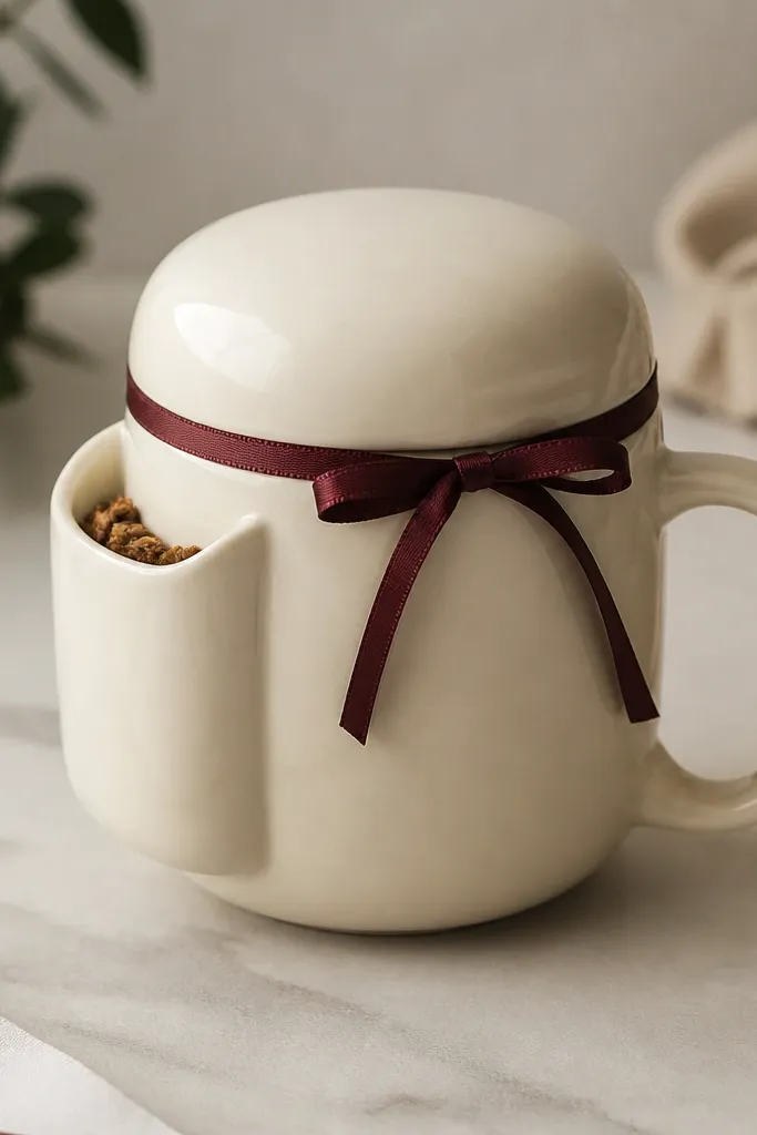 A cream mug with a small side compartment under a rounded cap; the cap is tied closed with a narrow burgundy ribbon that sits neatly against the mug.