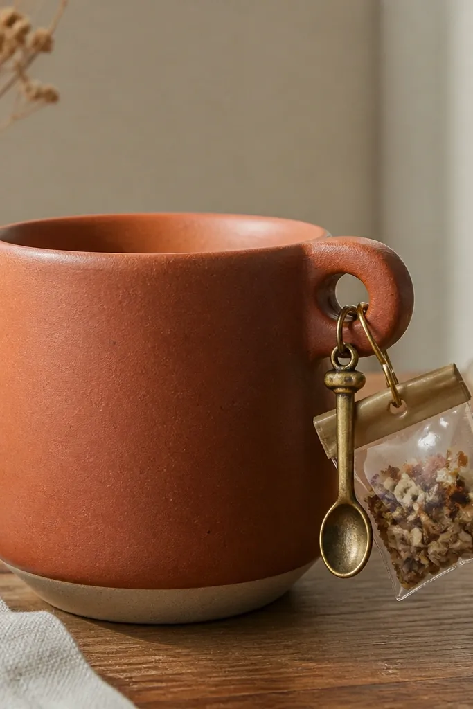 A terracotta mug with a small loop on the side; a tiny spoon charm hangs there and slides into a small sealed charm pouch for dry toppings.