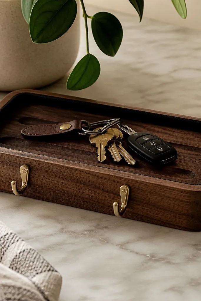 A small rectangular tray made from a stained cutting board top with a warm walnut tone. The front has two brass-colored hooks mounted side by side. The tray surface is matte, with shallow grooves where keys rest. A thin black fabric strip lines the inside edge.