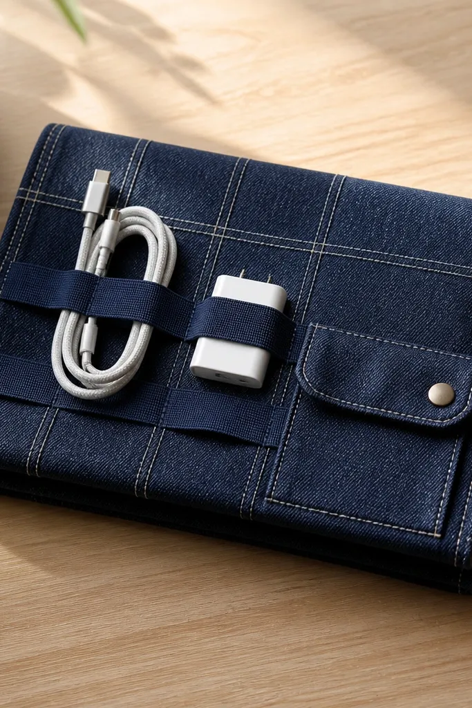 A folded denim organizer with a stitched grid of elastic loops. On the front flap there is a small snap pocket in the corner. The fabric is indigo blue with visible weave texture, and the elastic loops hold a charging cable and a small adapter.