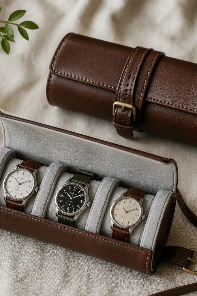 A compact watch roll with a leather belt outer. The leather has a subtle grain and a stitched edge. Inside are three padded slots with light gray faux suede. A leather tie wraps around the outside and closes with a small buckle.