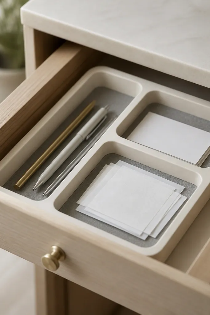A custom-fit drawer organizer made from thin plywood painted matte cream with rounded corners. Inside are three compartments: a long pen slot, a small square for cards, and a shallow tray for receipts. The compartments have a soft gray felt base.