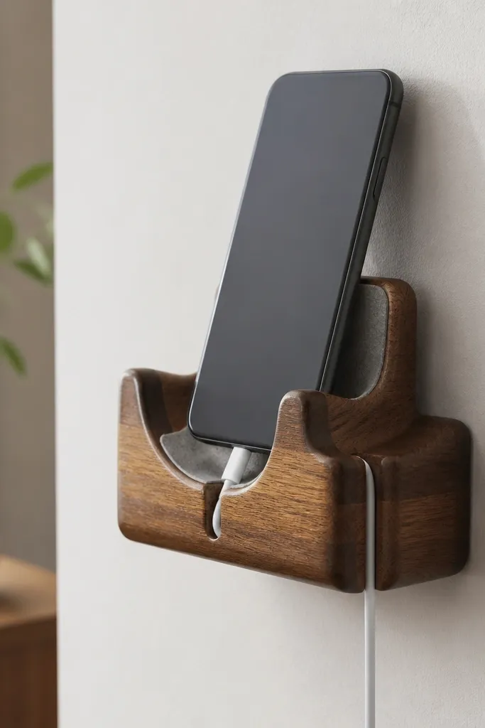 A small wall-mounted dock in stained wood with a curved phone cradle. A channel carved into the side routes the charging cable down. The cable leaves through a neat notch. The surface is sealed glossy-satin and the cradle has a soft gray rubber pad.