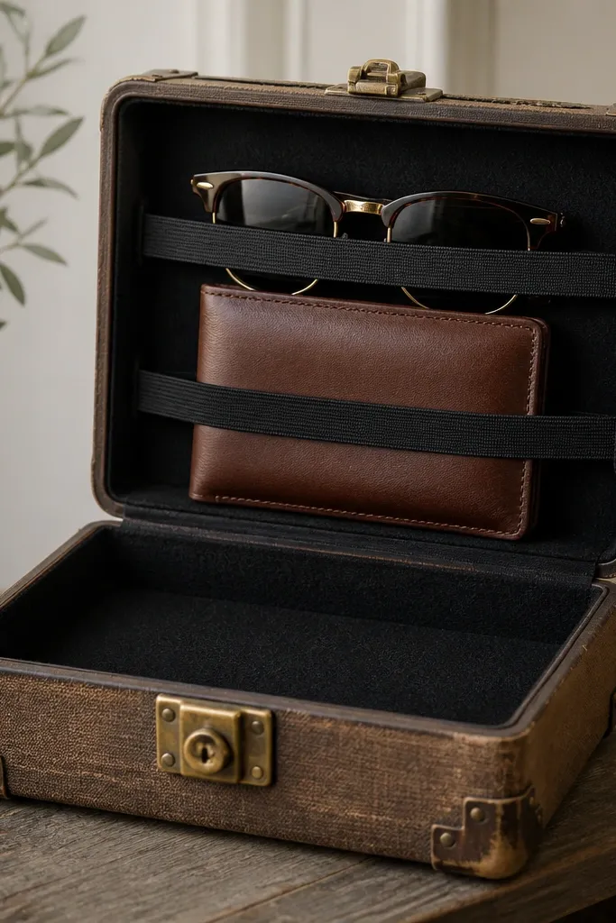 A small vintage suitcase box with a metal lock on the front. Inside is a fitted insert with black felt. The top layer has two elastic straps holding a wallet and sunglasses. The outer has worn leather corners and a brass latch.
