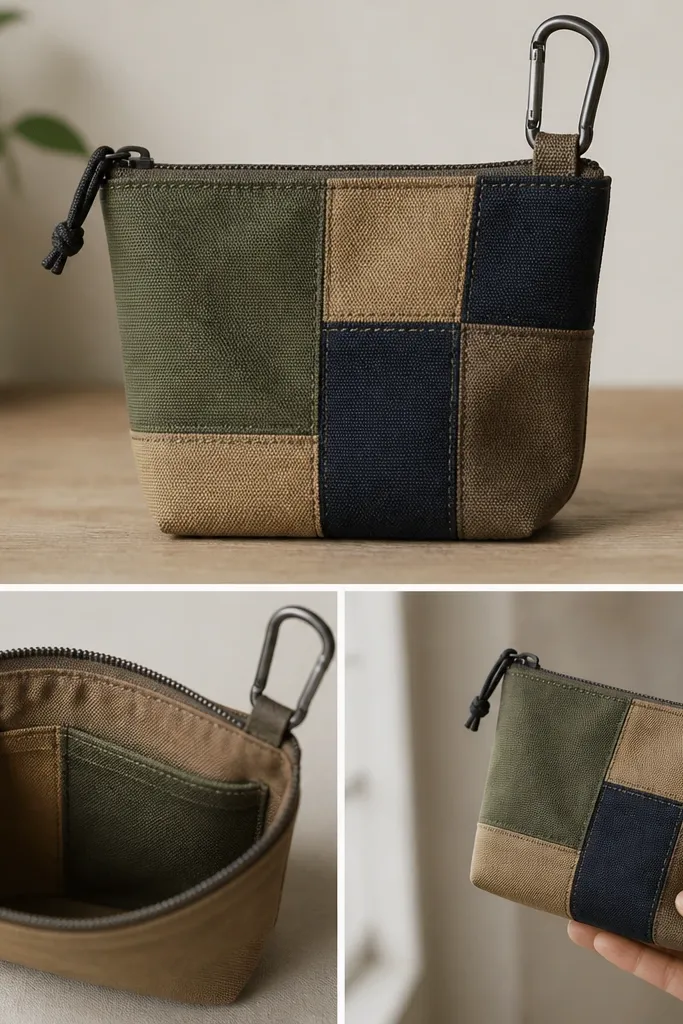 A patchwork pouch made from several canvas scraps in olive, tan, and navy. It has a zipper top and inside two sections: a key clip on one side and a flat slip pocket on the other. A small metal carabiner sits at the top.