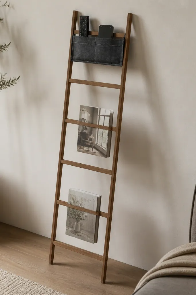 A slim wooden ladder leaning against the wall. Each rung is spaced like a magazine holder. The top section has a small attached fabric pocket shelf with visible stitching, holding a remote and a phone. The fabric is charcoal canvas.