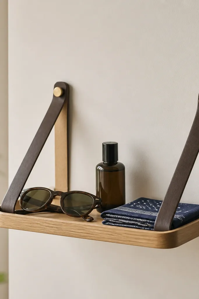 A small wall shelf made from light oak with a curved lip. Two dark leather straps attach to the shelf and wrap around wall anchors. The shelf holds sunglasses, a small bottle, and a folded handkerchief. The wood has a satin finish.
