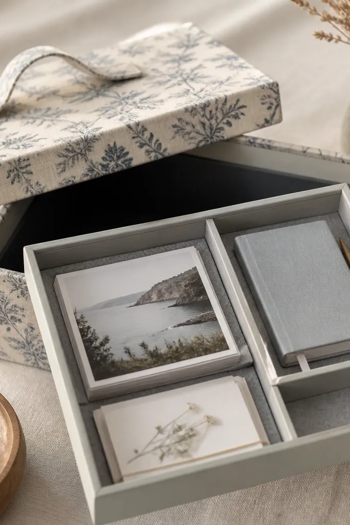 A rectangular box wrapped in patterned cotton fabric with a clean lid seam. The lid has a fabric handle. Inside is a lift-out tray made from painted wood with compartments for photos, a small notebook, and a few cards. The tray has a light gray felt lining.