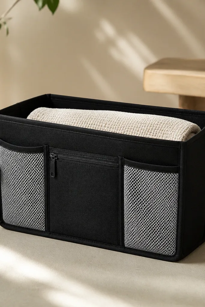 A structured fabric insert that sits inside a tote bag. It has two mesh pockets, a zip pocket on the front, and a wide open section for a towel. The insert uses black canvas sides with light gray mesh panels.