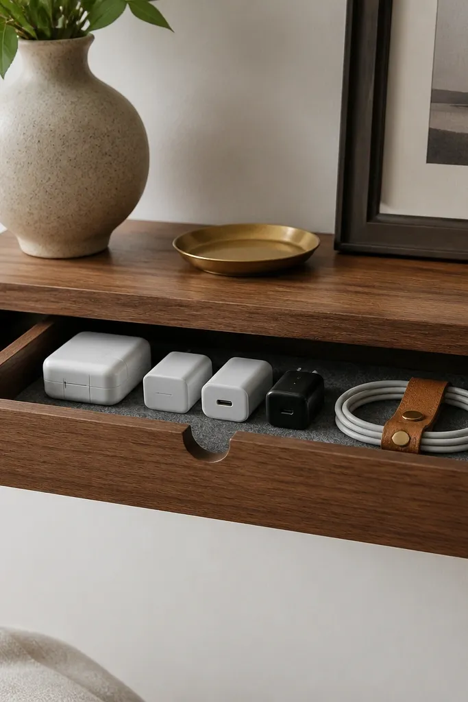 A shallow wooden wall shelf with a small sliding drawer underneath. The drawer has a carved finger groove and a felt base. Inside is a neat row of charging bricks and a cable organizer loop.